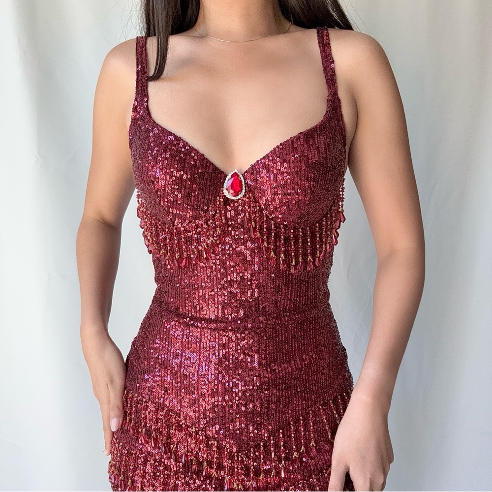 Trashy LA Flapper Sequin Beaded Costume Mini Dress in Burgundy - Picture 4 of 6